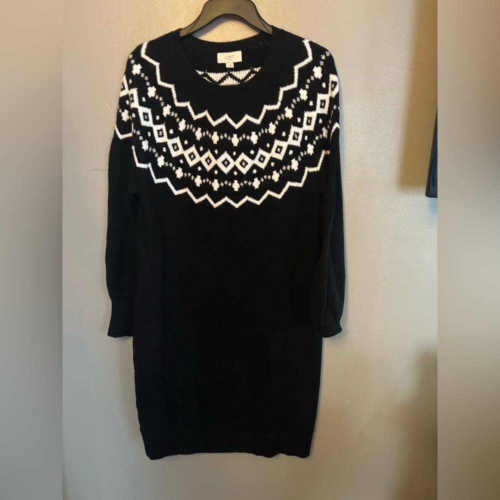 Loft Outlet Dress - black fair isle long sleeve sweater dress NWT
